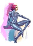  android bodysuit cyberpunk cyborg diepod expressionless from_side full_body highres looking_at_viewer looking_to_the_side md5_mismatch metal original profile red_hair robot science_fiction short_hair signature simple_background sitting solo white_background 
