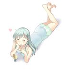  aqua_hair bad_id bad_pixiv_id barefoot blush closed_eyes food glass hair_ornament hairclip kantai_collection long_hair lying on_stomach solo suzuya_(kantai_collection) ume_(plumblossom) 