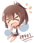  &gt;_&lt; bare_shoulders blush brown_hair character_name chibi closed_eyes gasuto_(kamikami) i-401_(kantai_collection) kantai_collection one-piece_swimsuit open_mouth ponytail school_swimsuit school_uniform short_hair short_ponytail smile solo swimsuit 