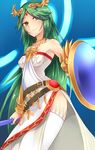  absurdres belt green_eyes green_hair highres jewelry kid_icarus kid_icarus_uprising long_hair metindone necklace palutena shield smile solo staff tiara 