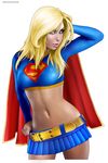  1girl alien belt blonde_hair blue_eyes blue_skirt cape crop_top dc_comics female highres kryptonian long_sleeves midriff mini_skirt miniskirt pleated_skirt red_cape ronindude s_shield simple_background skirt solo supergirl superman_(series) 