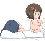  2girls amami_haruka blue_hair blush brown_hair dakimakura futon hair_ornament idolmaster kisaragi_chihaya lowres multiple_girls nude pillow ribbon short_hair simple_background sitting sleeping white_background zwolf79322 |_| 