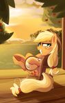 apple applejack_(mlp) banjo blonde_hair chair cowboy_hat earth_pony equine female friendship_is_magic fruit green_eyes hair hat horse looking_at_viewer looking_back mammal my_little_pony outside pepooni pony sitting solo sunset tree 