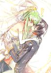  1girl bare_shoulders black_hair bridal_veil c.c. closed_eyes code_geass couple creayus dress elbow_gloves formal gloves good_end green_hair grin heart hetero hug lelouch_lamperouge long_hair smile suit thighhighs veil wedding_dress white_legwear 