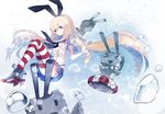  &gt;_&lt; :3 blonde_hair blue_eyes bubble closed_eyes cuivre elbow_gloves gloves hairband kantai_collection lifebuoy long_hair looking_at_viewer navel open_mouth pleated_skirt rensouhou-chan school_uniform serafuku shimakaze_(kantai_collection) skirt smile striped striped_legwear thighhighs translation_request triangle_mouth turret white_gloves |_| 