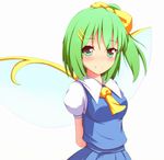  blush bow cuon_(kuon) daiyousei green_eyes green_hair hair_bow hair_ornament highres looking_at_viewer ribbon short_hair side_ponytail simple_background smile solo touhou white_background wings 