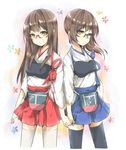  akagi_(kantai_collection) bad_id bad_pixiv_id bespectacled brown_hair glasses hakama_skirt highres holding_hands kaga_(kantai_collection) kantai_collection long_hair multiple_girls muneate side_ponytail skirt smile tasuki thighhighs tomo_futoshi yellow_eyes zettai_ryouiki 