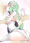  3boys armlet ass bare_shoulders blush breast_grab breasts choker clothed_sex cum cum_in_pussy double_penetration fellatio full-face_blush grabbing green_eyes green_hair group_sex headgear hetero highres kid_icarus kid_icarus_uprising long_hair male_pubic_hair medium_breasts multiple_boys multiple_penises nakamura_regura open_mouth oral out_of_frame palutena penis pubic_hair reverse_cowgirl_position sex solo_focus spitroast straddling tears testicles thighhighs vaginal white_legwear wrist_grab 