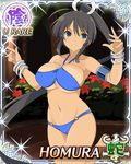  bikini blue_bra blue_panties bra breasts brown_hair dark_skin green_eyes homura_(senran_kagura) large_breasts long_hair looking_at_viewer official_art panties ponytail senran_kagura solo standing tan wet yaegashi_nan 