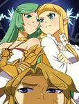  2girls arechan blonde_hair blue_eyes confrontation crossed_arms frown green_eyes green_hair hat jewelry kid_icarus kid_icarus_uprising lightning_glare link long_hair multiple_girls necklace nervous palutena pointy_ears princess_zelda smile smug super_smash_bros. sweatdrop the_legend_of_zelda the_legend_of_zelda:_skyward_sword 