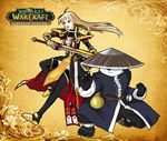  ahoge armor armored_boots black_legwear blonde_hair boots faintxp fighting_stance gauntlets hat knight long_hair open_mouth panda pandaren sword thighhighs warcraft weapon world_of_warcraft 