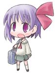  bag bow chibi kugelschreiber open_mouth purple_eyes purple_hair saki school_uniform white_legwear yumeno_maho 