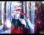  animal_ears bare_shoulders blush cuon_(kuon) detached_sleeves hat inubashiri_momiji red_eyes short_hair snow snowing solo sword tail tokin_hat touhou tree weapon white_hair wolf_ears wolf_tail 