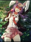  animal_ears arm_up bunny_ears collarbone dappled_sunlight energy_ball finger_gun grass jacket long_sleeves lying nakaichi_(ridil) necktie on_back open_clothes open_jacket open_mouth purple_hair red_eyes red_neckwear reisen_udongein_inaba shirt skirt solo sunlight touhou 