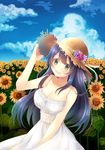  :d agano_(kantai_collection) alternate_costume black_hair blush breasts cleavage day dress flower green_eyes hand_on_headwear hat highres kantai_collection large_breasts long_hair looking_at_viewer open_mouth serino_itsuki smile solo sun_hat sundress sunflower 