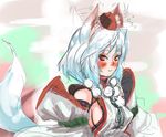  animal_ears bad_id bad_pixiv_id bare_shoulders blush breasts detached_sleeves hat hey_taishou highres inubashiri_momiji looking_at_viewer medium_breasts no_bra pom_pom_(clothes) red_eyes short_hair sideboob silver_hair solo tail tokin_hat touhou traditional_media wolf_ears wolf_tail 