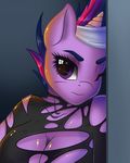  anthro breasts close-up clothing equine female friendship_is_magic fur hair headband hooves horn horse looking_at_viewer mammal my_little_pony one_eye_closed purple_eyes purple_fur purple_hair scar solo standing torn_clothing twilight_sparkle_(mlp) unicorn wooxx 