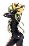  animal_helmet ass biker_clothes bikesuit black_bodysuit bodysuit breasts c.c. celty_sturluson celty_sturluson_(cosplay) code_geass cosplay creayus durarara!! green_hair helmet long_hair medium_breasts motorcycle_helmet removing_helmet solo yellow_eyes 