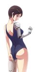  adjusting_clothes adjusting_swimsuit ass black_hair blue_swimsuit cyborg from_behind leaf98k looking_back mechanical_arm mechanical_leg one-piece_swimsuit prosthesis prosthetic_arm prosthetic_leg purple_eyes shinatose_izana short_hair sidonia_no_kishi solo spoilers swimsuit swimsuit_tug 