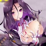  breasts covering covering_breasts hayakawa_akari kantai_collection large_breasts long_hair looking_at_viewer mechanical_halo purple_eyes purple_hair solo tatsuta_(kantai_collection) torn_clothes 