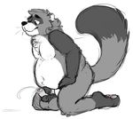  balls big_balls chubby cum fur kneeling male mammal masturbation monochrome navel nude opturk orgasm penis plain_background raccoon solo tanuki tuft whiskers white_background 