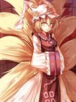  blonde_hair dress fox_tail hands_in_opposite_sleeves hat light_smile long_sleeves looking_at_viewer multiple_tails nakaichi_(ridil) panties pillow_hat solo tabard tail touhou underwear white_dress wide_sleeves yakumo_ran yellow_eyes 