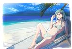  aqua_hair bad_id bad_pixiv_id barefoot beach beach_chair bikini blush breasts chair day hair_ornament hairclip kantai_collection knee_up long_hair looking_at_viewer lounge_chair lying navel ocean on_back outdoors reclining sitting small_breasts solo striped striped_bikini suzuya_(kantai_collection) swimsuit ume_(plumblossom) water 