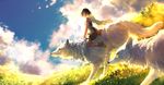  black_hair clouds grass mononoke_hime san short_hair sky tattoo watermark wolf yuumei 