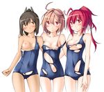  :t blush breasts brown_hair covered_navel highres i-168_(kantai_collection) i-401_(kantai_collection) i-58_(kantai_collection) kaminagi_(kaminagi-tei) kantai_collection looking_at_viewer multiple_girls navel nipples one-piece_swimsuit ponytail red_hair school_swimsuit short_hair small_breasts smile swimsuit tan torn_clothes torn_swimsuit 