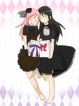  :d akemi_homura alternate_costume argyle argyle_background barefoot black_gloves black_hair blush bow carrying closed_eyes dress funeral_dress gloves hairband kaname_madoka long_hair mahou_shoujo_madoka_magica mahou_shoujo_madoka_magica_movie multiple_girls oman_(evld) open_mouth pink_hair ribbon running simple_background smile spoilers veil yuri 