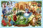  alice_(wonderland) alice_in_wonderland animal blonde_hair building cat crown dragon dress flowers horse long_hair rose siro staff 