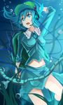  backpack bag blue_eyes blue_hair bubble hair_bobbles hair_ornament hand_behind_head hat headset kawashiro_nitori midriff nakaichi_(ridil) navel open_mouth shirt skirt skirt_set solo touhou two_side_up underwater wrench 