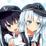  ;d akatsuki_(kantai_collection) anchor_symbol black_hair blue_eyes blush cuon_(kuon) flat_cap hat hibiki_(kantai_collection) highres hug hug_from_behind kantai_collection long_hair multiple_girls one_eye_closed open_mouth school_uniform serafuku smile white_hair 