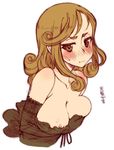  :t areola_slip areolae bare_shoulders black_gloves blush breasts brown_eyes brown_hair cleavage elbow_gloves gloves kusanagi_tonbo long_hair looking_at_viewer medium_breasts original pout simple_background sketch solo translation_request white_background 