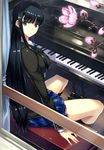  absurdres black_hair blue_eyes darabuchi fingernails flower grand_piano highres instrument long_fingernails long_hair looking_at_viewer looking_back piano school_uniform sitting skirt solo touma_kazusa white_album_2 