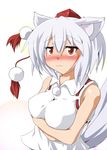  animal_ears bare_shoulders blush breast_hold breasts embarrassed hat inubashiri_momiji large_breasts looking_at_viewer pom_pom_(clothes) red_eyes short_hair silver_hair simple_background solo sumikaze_midi tail tokin_hat touhou white_background wolf_ears wolf_tail 