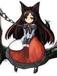  animal_ears bakenekomata brooch brown_hair chain collar highres imaizumi_kagerou jewelry jitome leash long_hair red_eyes solo tail touhou very_long_hair wolf_ears wolf_tail 