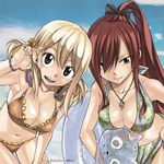  adjusting_hair album_cover artist_name bikini blonde_hair blue_innertube bracelet breasts brown_eyes cleavage cloud cover day earrings erza_scarlet fairy_tail flower frilled_bikini frills hair_flower hair_ornament hair_over_one_eye halterneck hand_on_thigh happy_(fairy_tail) headphones headphones_around_neck heart heart_earrings highres innertube jewelry large_breasts long_hair lucy_heartfilia mashima_hiro multiple_girls necklace official_art open_mouth pendant ponytail red_hair ribbon sarong short_hair short_twintails sky smile swimsuit twintails 