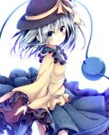  ayatan-kiri blue_eyes blush hat hat_ribbon komeiji_koishi looking_at_viewer ribbon short_hair silver_hair skirt smile solo third_eye touhou 