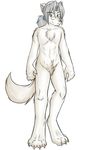  barefoot canine chest_tuft claws digitigrade euchre eye_wear eyewear fur glasses green_eyes grey_nose hair keidran long_hair looking_at_viewer male mammal nude plain_background ponytail silver_hair smile solo standing tom_fischbach tuft twokinds white_background white_fur wolf 