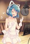  :d animal_ears artist_request bangs bare_shoulders beamed_eighth_notes blue_hair blush bow buttons cable cat_ear_headphones cat_ears closed_eyes cowboy_shot dress eighth_note eyes fake_animal_ears gloves headphones highres indoors male_focus microphone music musical_note open_mouth otoko_no_ko pleated_dress pop_filter ribbon ryoune_yami short_dress short_hair singing smile standing studio studio_microphone utau white_dress white_gloves wooden_floor 
