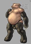  anthro armpit_hair bulge chubby dialog drooling ear_piercing ear_tag english_text gloves grey_background hooves looking_at_viewer male mammal mot nipples open_mouth piercing pig pink_skin plain_background porcine pubes rubber saliva shiny socks standing sweat teeth text thong tongue topless 