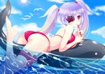  ass bikini character_request drink eyepatch feijitian inflatable_toy lavender_hair long_hair lying md5_mismatch on_stomach phantasy_star phantasy_star_online_2 pink_eyes selvaria_swimwear senjou_no_valkyria shark swimsuit twintails 