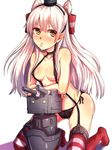  amatsukaze_(kantai_collection) areolae black_panties breasts choker garter_straps hiruno kantai_collection kneeling long_hair medium_breasts o_o panties red rensouhou-kun simple_background striped striped_legwear thighhighs underwear white_background white_hair yellow_eyes 