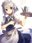  apron banned_artist blue_dress blue_eyes cup dress hair_between_eyes highres holding holding_knife izayoi_sakuya knife knives_between_fingers looking_at_viewer maid_apron maid_headdress puffy_short_sleeves puffy_sleeves short_hair short_sleeves silver_hair smile solo standing teacup teapot touhou yusano 