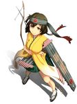  archery bow_(weapon) breasts brown_eyes brown_hair flight_deck from_above geta gloves hachimaki headband hiryuu_(kantai_collection) iwana japanese_clothes kantai_collection kyuudou large_breasts partly_fingerless_gloves radio_antenna remodel_(kantai_collection) short_hair side_ponytail single_glove skirt smile solo standing weapon yugake 
