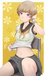  armband armpit_peek bike_shorts bob_cut brown_eyes brown_hair hand_on_own_head houndstooth ina_(gokihoihoi) midriff navel persona persona_4 satonaka_chie school_uniform serafuku shirt_lift short_hair sitting skirt smile solo stomach sweat thighs 