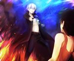  1girl bad_id bad_pixiv_id black_hair blue_eyes blue_hair child emiya_kiritsugu fate/zero fate_(series) fire gun midriff natalia_kaminski navel shoochiku_bai short_hair weapon 