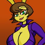  anthro big_breasts breasts brown_hair cleavage clothed clothing female green_eyes hair huge_breasts iamsum lagomorph looking_at_viewer mammal one_eye_closed rabbit smile solo wink 