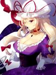  banned_artist blonde_hair breasts brooch cleavage corset dress elbow_gloves from_side gap gloves hat highres jewelry large_breasts long_hair looking_at_viewer mob_cap parted_lips purple_dress purple_eyes solo touhou umbrella white_gloves yakumo_yukari yusano 